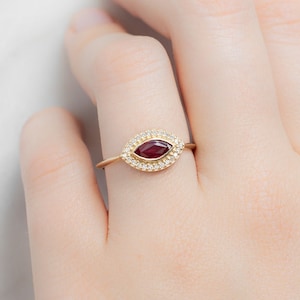 1 CT Marquise Cut Lab Ruby Gemstone Ring, Halo Simulated Diamond Engagement Ring, Solid 14K Yellow Gold Ring, Unique Wedding Ring For Women