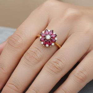 Marquise Cut Ruby Flower Ring, Floral Ruby Ring, July Birthstone Ring, Red Ruby Engagement Ring, Christmas Jewelry, Holiday Gift for Her