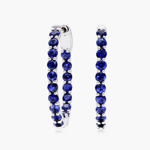 Blue Sapphire Inside Out Hoop Earrings, Round Cut Sapphire Gemstone Hoop Earrings, 14K White Gold Oval Hoops Earrings, Women&#39;s Earrings
