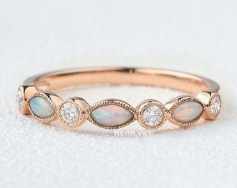 Marquise Cut Opal Gemstone Wedding Band, Solid Rose Gold Ring, Half Eternity Matching Band, Round Bezel Set Diamond Solitaire Band For Women