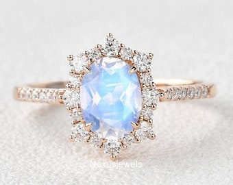 1.20 CT Oval Cut Moonstone Engagement Ring, Rose Gold Wedding Ring, Vintage Unique Halo CZ Diamond Ring, Anniversary Ring, Promise Gift Ring