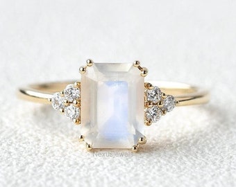 Moonstone Engagement Ring, 1.50 CT Emerald Cut Gemstone Wedding Ring, Solid 14K Yellow Gold Ring, Antique Women Ring, Anniversary Ring Gifts