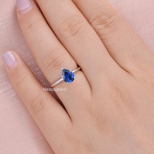 Anillo de compromiso con piedra preciosa de zafiro azul, anillo solitario de corte de pera de 1,30 quilates, anillo de regalo de aniversario, anillo de oro blanco de 14 quilates, piedra natal de septiembre