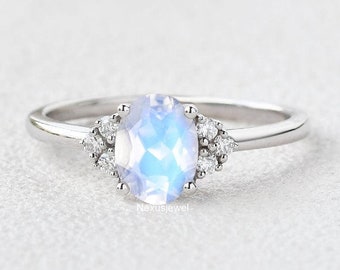 Moonstone Gemstone Ring, 1 CT Oval Cut Moonstone Engagement Ring, Round Simulated Diamond Ring, White Gold Solitaire Ring, Wedding Ring Gift