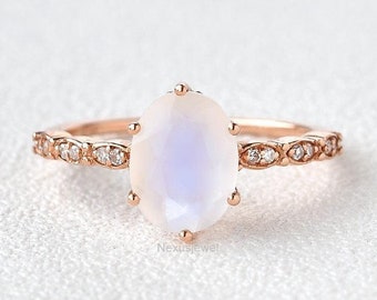 Oval Moonstone Gemstone Engagement Ring, Solid Rose Gold Ring, Round Simulated Diamond Pave Set Wedding Ring, 1.50 CT Oval Cut Bridal Ring