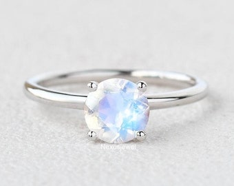 Solitaire Ring, 1.00 CT Round Cut Moonstone Gemstone Engagement Ring, Prong With Accents Wedding Ring, Anniversary Ring, 14K White Gold Ring