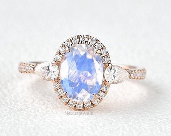 1.25 CT Blue Moonstone Engagement Ring, Oval Cut Simulated Diamond Halo Wedding Ring, Three Stone Solitaire Ring, 14K Rose Gold Ring For Her