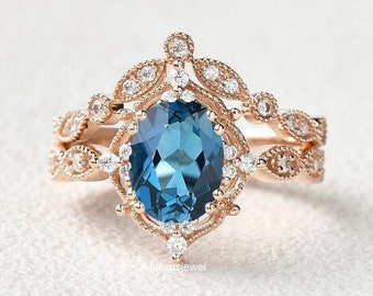 Art Deco London Blue Topaz Engagement Ring Set, 1.5 CT Oval Cut Blue Topaz Wedding Ring Set, Anniversary Ring Set, Rose Gold Bridal Ring Set