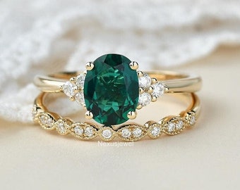 2 CT Lab Emerald Oval Cut Yellow Gold Ring Set, Bridal Ring Set, Round Simulated Diamond Ring Set, Engagement Ring Set, Art Deco Ring Set