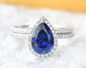 Blue Sapphire Wedding Ring Set, Vintage Unique Bridal Set, 2.50 CT Pear Cut September Birthstone Ring Set, Halo CZ Diamond Engagement Ring