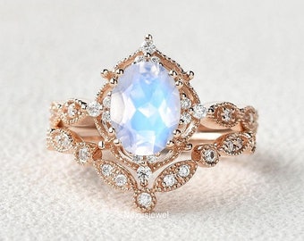 Bridal Ring Set, 1.25 Ct Oval Cut Moonstone Engagement Ring Set, Art Deco Antique Milgrain Curved Band, Wedding Ring Set, Solid Rose Gold