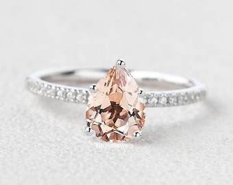 Anello di fidanzamento con morganite con taglio a pera, in oro massiccio, a forma di goccia, con morganite rosa, anello con promessa di mezza eternità, regalo di gioielli personalizzati minimalisti