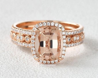 Engagement Ring, Morganite Gemstone Ring, 3.80 Carat Cushion Cut Morganite Ring, 14K Rose Gold Halo CZ Diamond Wedding Ring, Art Deco Ring