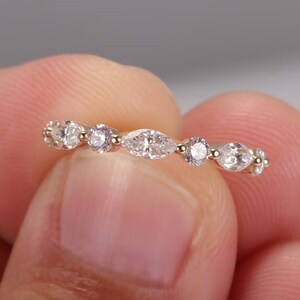 Alternating Round and Marquise Moissanite Wedding Band, Womens Full Eternity Moissanite Wedding Band, Solid 14K White Gold, Promise Rings