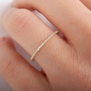 1 MM Dainty Moissanite Wedding Band, Full Eternity Diamond Wedding Band, Thin Stackable ring, Yellow Gold Moissanite Band image 1