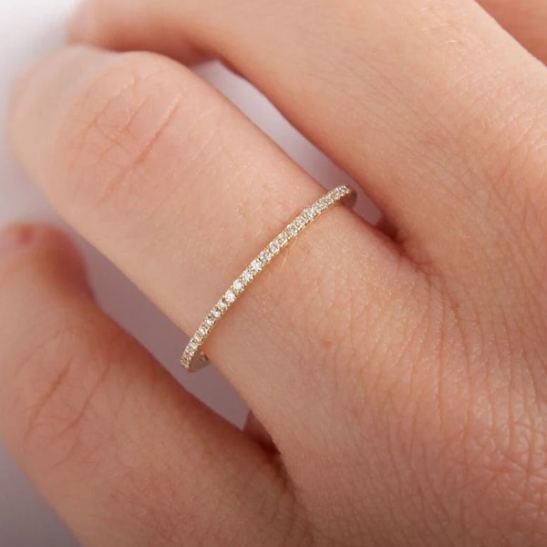 1 MM Dainty Moissanite Wedding Band, Full Eternity Diamond Wedding Band, Thin Stackable ring, Yellow Gold Moissanite Band