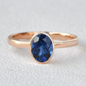 1.5 Ct Oval Cut Blue Sapphire Engagement Ring For Women, 14K Rose Gold Finish Bezel Set Solitaire Ring, Anniversary Ring, September Gemstone