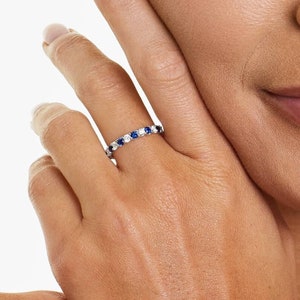 Alternative Gemstone Band, Round Cut Sapphire Wedding Band, September Birthstone, Sterling Silver Band, Matching Band For Engagement Ring