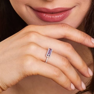 1.20 CT Emerald Cut Amethyst Gemstone Ring, East West Engagement Ring, Halo CZ Diamond Wedding Ring, Rose Gold Ring, February Birthstone