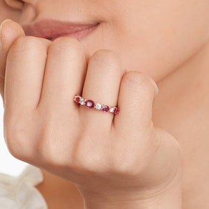 Ruby & Diamond Wedding Band, 14K Rose Gold Ruby Half Eternity Alternative Band, July Birthstone Band, Anniversary Ring, Oval Cut Ruby Band