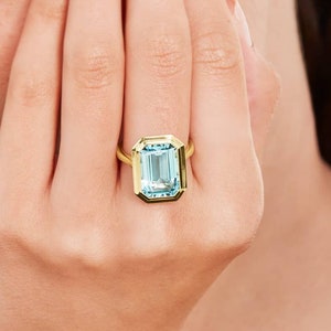 Emerald Cut Blue Topaz Gemstone Ring, Bezel Set Solitaire Ring, Engagement Ring, Solid Yellow Gold Ring, Real Blue Topaz Wedding Ring