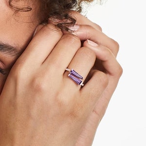 Tapered Baguette Cut Gemstone Ring, Lab Amethyst Engagement Ring, Bypass Duo Antique Wedding Ring, Solid Rose Gold Ring For Women&#39;s