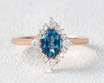 Vintage London Blue Topaz Engagement Ring, Oval Cut Topaz Gemstone Wedding Ring, Princess And Round CZ Diamond Halo Geometric Rose Gold Ring