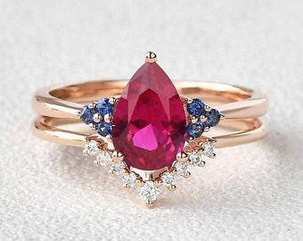 2 CT Pear Cut Red Ruby & Sapphire Engagement Bridal Ring Set, July Birthstone Ring, Art Deco Ruby Wedding Ring Set, Ruby Promise Ring Set