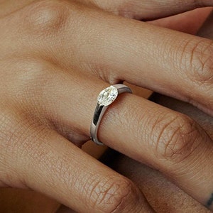 0.5 CT Oval Moissanite Engagement Ring, Solid White Gold, Suspense Oval Cut Ring, East-West Setting, Anniversary Gift