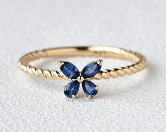 Blue Sapphire Ring, Marquise And Pear Cut Butterfly Engagement Ring, Yellow Gold Solitaire Wedding Ring, Gemstone Sapphire Promise Ring Gift