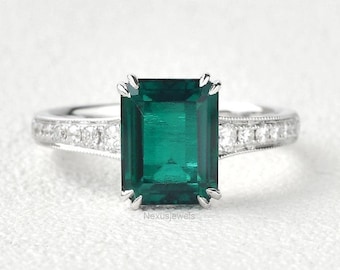 Emerald Cut Engagement Ring, Solid White Gold Gemstone Ring, 2 CT Emerald Cut Stacking Wedding Ring, May Birthstone Ring, Green Emerald Ring