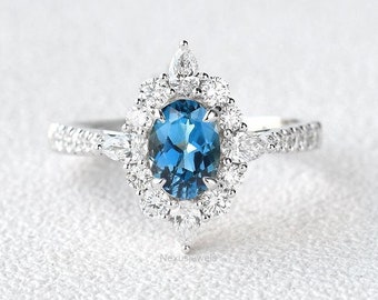 14k Gold Blautopas Verlobungsring, Oval Cut Halo Ehering, Marquise Cut CZ Cluster Verlobungsring, Vintage Schmuck für Sie