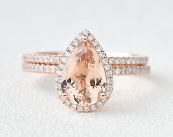 3.50 CT Pear Cut Morganite Engagement Ring Set, Pear Shaped Halo Diamond Wedding Ring, 14K Rose Gold Bridal Set, Full Eternity Matching Band