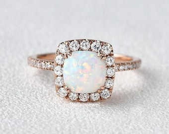 Unique Opal Engagement Ring, 2 CT Cushion Cut Lab Opal Gemstone Ring, Simulated Diamond Halo Wedding Ring, Anniversary Gift, Rose Gold Ring