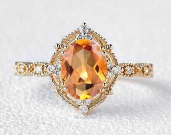 1.50 Ct Oval Cut Yellow Topaz Gemstone Engagement Ring, Vintage Style Wedding Ring, 14K Solid Yellow Gold Ring, Round CZ Diamond Women Ring