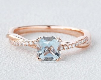 Aquamarine Gemstone Ring For Her, 1 CT Cushion Cut Engagement Ring, Twisted Shank Simulated Diamond Wedding Ring, 14K Solid Gold Women Ring