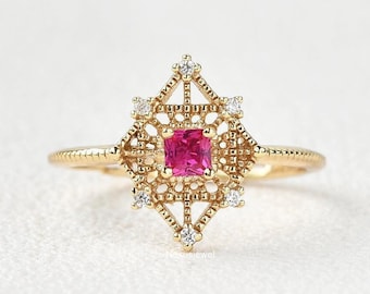 Princess Cut Pink Ruby Gemstone Ring, Art Deco Engagement Ring, Bridal Wedding Ring, Solid Yellow Gold Ring, Anniversary Ring For Women