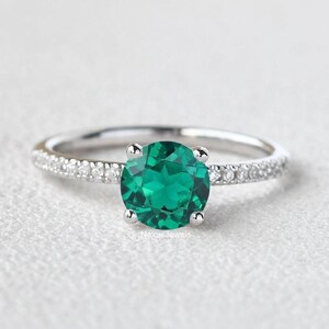 1.3 CT Round Cut Green Emerald Gemstone Ring, Engagement Ring For Her, Round Simulated Diamond Wedding Ring, Solitaire White Gold Women Ring