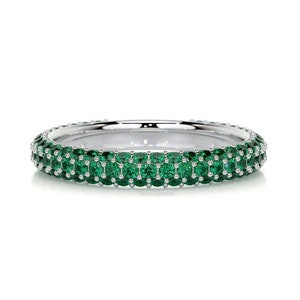 Green Emerald Band, 1.25 TCW Round Cut Lab Emerald Gemstone Band, 3/4 Eternity Wedding Band, Pave Accents Band For Women, White Gold Band