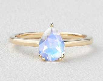 1.3 CT Pear Cut Lab Created Moonstone Engagement Ring, Gemstone Yellow Gold Ring, Wedding Ring, June Birthstone Solitaire Ring, Promise Ring