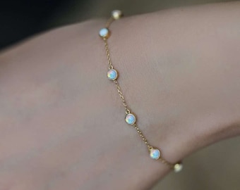 14k Solid Gold Tiny Opal Bracelet, Dainty Gold Opal Bracelet, Gemstone Bracelets, Minimalist Opal Bracelet, Perfect Gift For Her
