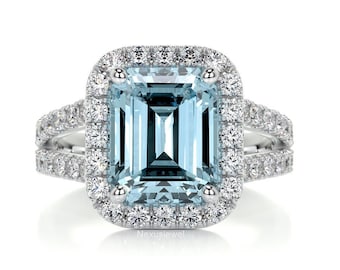 4.50 CT Emerald Cut Aquamarine Engagement Ring, Halo Simulated Diamond White Gold Ring, Split Shank Wedding Ring, March Birthstone Ring Gift