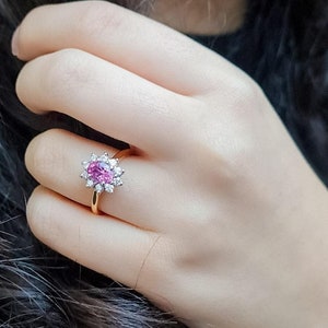 Pink Sapphire Vintage Halo Ring, 14K Gold Flower Engagement Ring, Pink Gemstone Cluster Ring, Unique Floral Promise Ring for Women