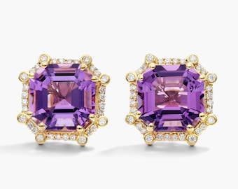 5.50 TCW Octagon Cut Amethyst Gemstone Earrings, Octagon Halo Diamond Stud Earrings, Yellow Gold Push Back Earrings, Anniversary Earrings