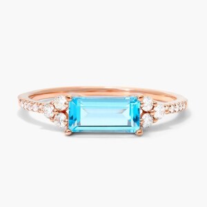 1 Carat Baguette Cut Blue Topaz Engagement Ring, Solid Rose Gold Ring, Half Eternity Simulated Diamond Wedding Ring, Lab Blue Topaz Gemstone image 2