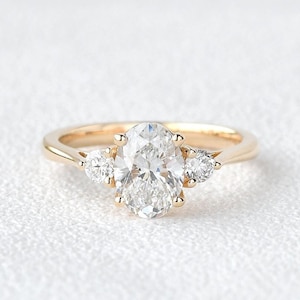 Three Stone Solitaire Bridal Set Ring, 1.00 CT Oval Cut Moissanite Engagement Ring, Tapered Shank Wedding Ring, 14K Yellow Gold Ring For Her image 1