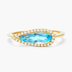 1CT Elongated Pear Cut Blue Topaz Gemstone Engagement Ring, Halo Simulated Diamond Ring, Solid Yellow Gold Solitaire Ring, East To West Ring