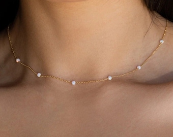 Opal Necklace, Dainty White Opal Necklace, Opal Jewelry, October Birthstone, Gift for Her, Minimalist Opal Necklace, Opal Beaded Necklace