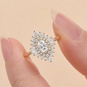 Oval Cut Colorless Moissanite Engagement Starburst Ring, Solitaire Baguette Wedding Ring, Oval Halo Engagement Ring In 14K Solid Gold