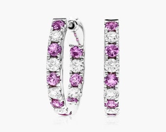 Lab Pink Sapphire Earrings, White Gold CZ Diamond Earrings, Round Cut Pink Sapphire Gemstone Earrings, Alternating Inside Out Hoop Earrings